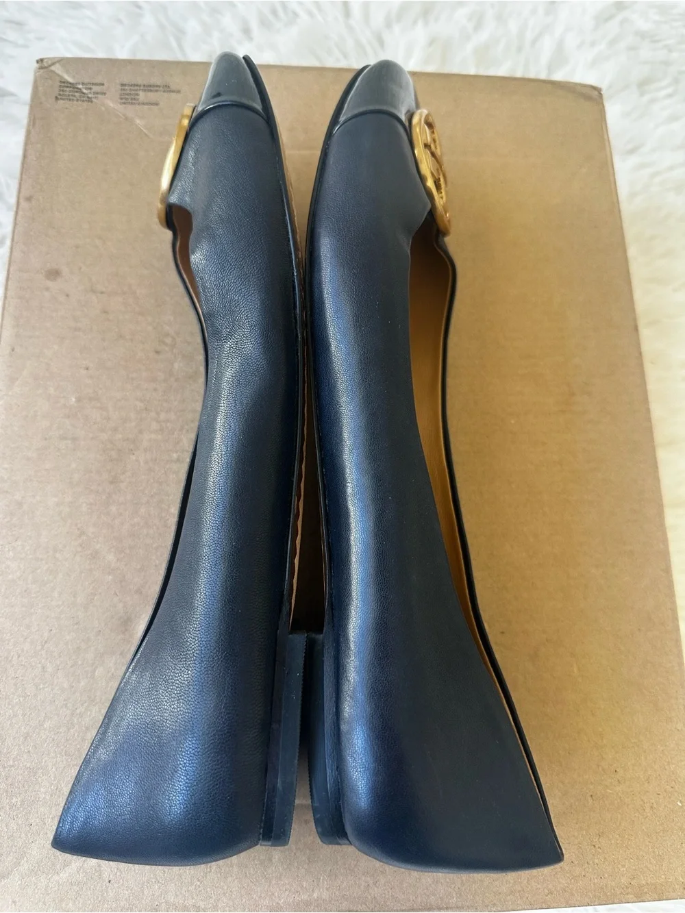 Tory Burch Chelsea Ballet Flats Black Leather Patent Cap Toe Gold Logo Size 8M